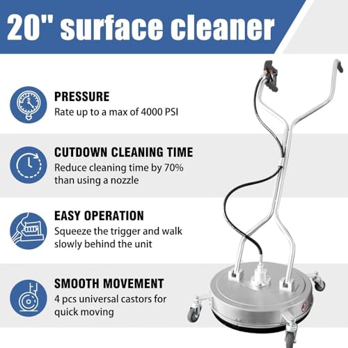 20" Pressure Washer Surface Cleaner, Dual Handle with 4 Wheels, Stainless Steel Housing Includes 4 Nozzles & 2 Hose Adapters, Perfect for Driveways, Sidewalks, Patios, and Deck Cleaning