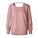 BTFBM Women's Backless Loose Shirt Long Sleeve Open Back Cross Tee Top Blouse (Medium, Pink)