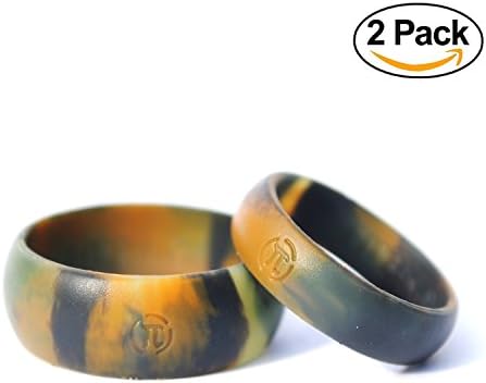 Silicone Wedding Ring His &amp; Hers Set - 2 Pack Thin Camo Rubber Wedding Band Set - ( Blue Line , Red Line , Camo )