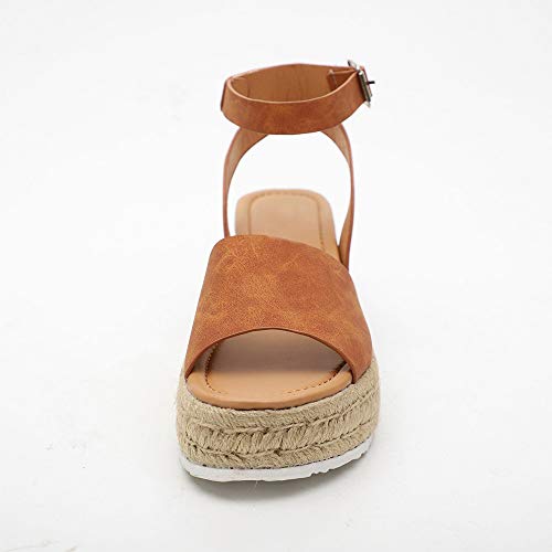 HIFUAR Women's Espadrille Sandal Platform Wedge Halter Ankle Strap Open Toe Faux Leather Studded Wedge Summer Sandals Brown US 5