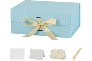 BOXSKIVRA Skivra Blue Gift Box with Ribbon - 1 Pack, 9.5x7x4 Inch Small Collapsible Luxury Gift Box with Lid and Magnetic Closure, Rectangle, Crinkle Cut Paper Shred with Card