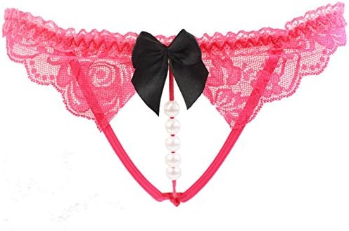 AVONREY Women Sexy Lace Lingerie Open Crotch Thong Underwear G Strings Massage Pearl Panty (Cherry)
