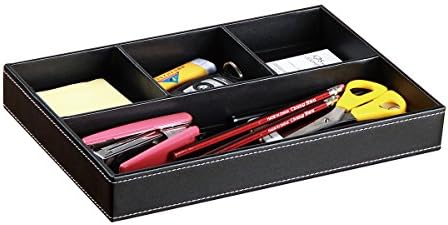 4 Compartment Leather Drawer Organizer Tray Office Supplies Desk Stationery Organizer Storage Box Pen Pencil Holder Case Container (Black)