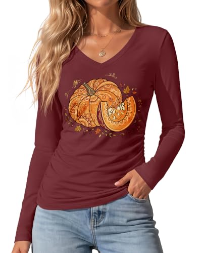Huukeay Fall Pumpkin Shirt for Women Autumn Tops Pumpkin Wine Red XXL at Amazon