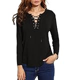 Oyanus Womens Casual Solid Long Sleeve Bandage Front Lace Up Cotton Blouse Tops