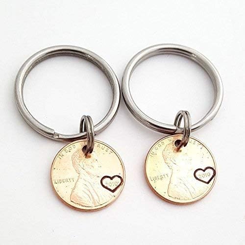 Lucky Penny Keychain Couples Gift Set with Heart Stamped Year Copper Anniversary