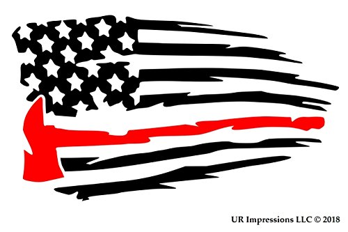 UR Impressions MBlk Thin Red Line Fireman's Axe - Tattered American Flag Decal Vinyl Sticker Graphics Car Truck SUV Van Wall Window Laptop|Matte Black & RED|7.5 X 4.3 Inch|URI662 - Thumbnail 4