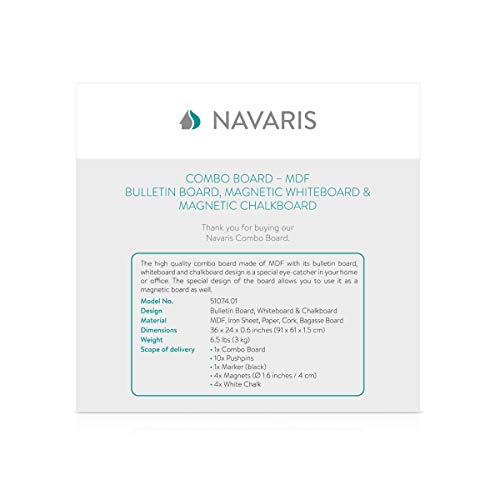 Navaris Combination Board Cork/Whiteboard/Chalkboard 24 x 36 inches