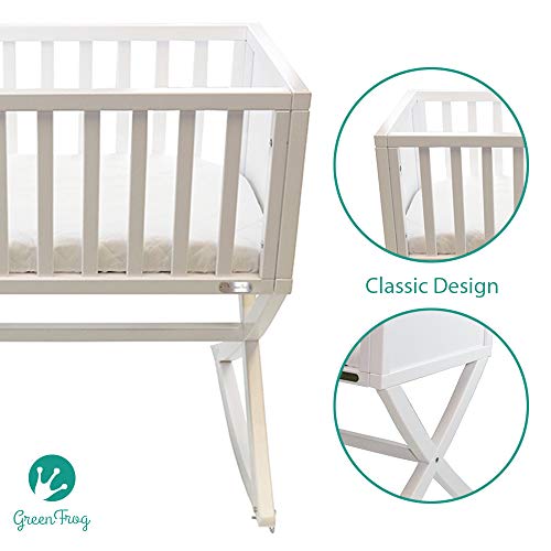 Green Frog, Allegro Cradle | Handcrafted Contemporary Wood Baby Cradle | Premium Pine Construction | Rocking and Stationary | Stark White Color