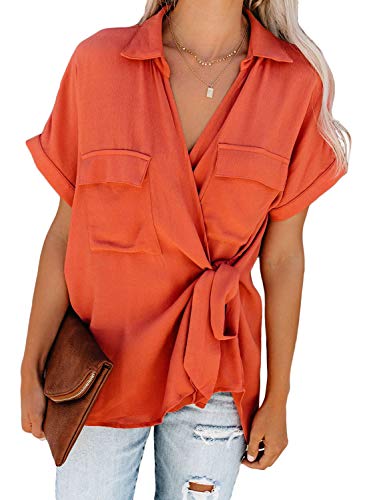 HOTAPEI Womens Summer Casual Wrap V Neck Collared Waist Tie Basic Cuffed Sleeve Chiffon Shirts Tops Blouses for Women Fashion 2019 Short Sleeve Pink Large