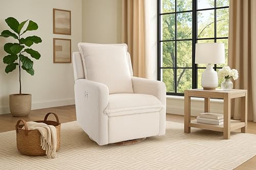 Valencia Milo Sheepskin Recliner, Power Recliner with USB Charging Port, Soft Sherpa Fabric Swivel Chair with Wooden Base, Armchair for Living Room (Beige)