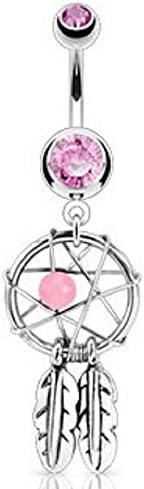 Dream Catcher Pink Belly Ring - Woven Star Design with Bead and Feathers Fancy Navel Ring 14g 3/8"