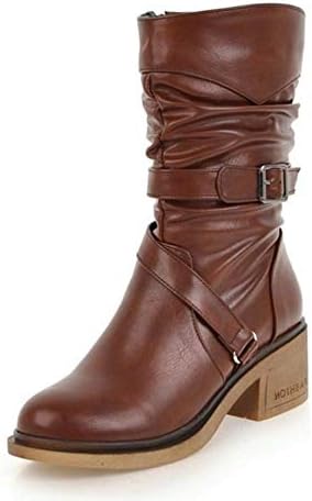 DETAIWIN Women Winter High Heels Boots Strap and Buckle Round Toe Warm Fur Fashion Mid Calf Boots