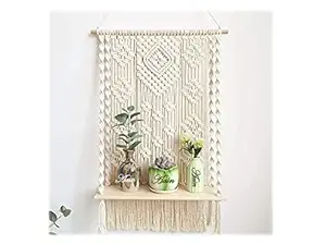 Aain Macrame Wall Hanging Shelf, Boho Plant Hanger, Bohemian Pattern, Flower Pots Holder, Tapestry Art Decor Cotton Decorations for Home Garden, Balcony, Kids Room, Size 30 x 75cm , Beige