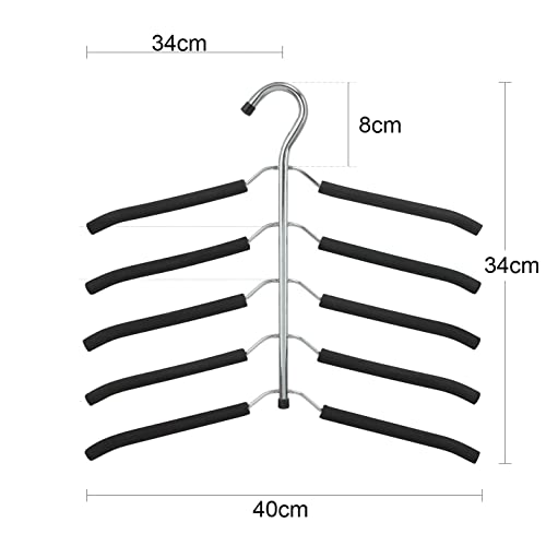 Arabest Hangers Space Saving, 2 Pcs 5 in 1 Magic Multiple Stainless Steel Metal Hanger, Multi Layer Hangers Non Slip Metal Foam Padded Clothes Hanger Coats Hangers for Household Space Saver (Black)