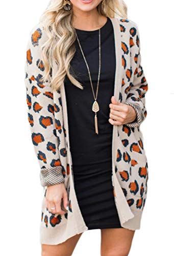Women's Long Sleeve Open Front Leopard Print Cardigan with Pockets (X-Large, Beige)