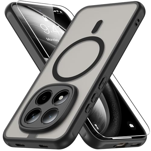 Vansdon Magnetic Cover for Xiaomi Redmi Note 15 Pro 5G with 1 Pieces Tempered Glass, Magsafe Compatible with Magsafe, Military Level Anti-Drop Protection, Translucent Slim Matte Shockproof Cover-Black