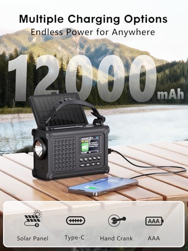 ROCAM Crank Radio DAB+/FM, Portable Emergency Radio 12000 mAh with 8500 mm² Solar Panel & 650 mA Crank, Digital Radio with Bluetooth, 2.4 Inch Colour Display, 80 Transmitters, SOS, LED Torch, USB, IPX6 for Camping