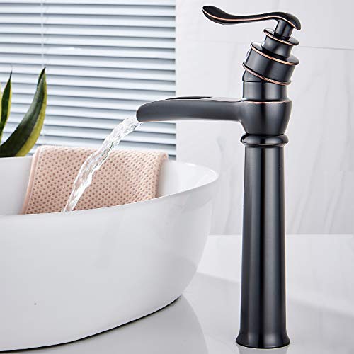 HOROW Oil Rubbed Bronze Bathroom Vessel Sink Faucet Waterfall Singe Handle One Hole Basin Mixer Tap Tall Body