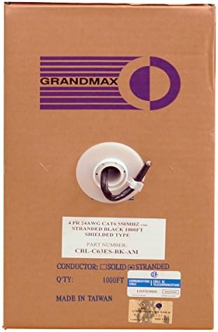 GRANDMAX CAT6 550MHz Shielded Stranded Bulk Cable, 1000ft, STP Pull Box, CMR Rated, 100% Pure Copper, Multiple Colors Available, 4 Pair, 24 AWG/ 1000FT/ Black