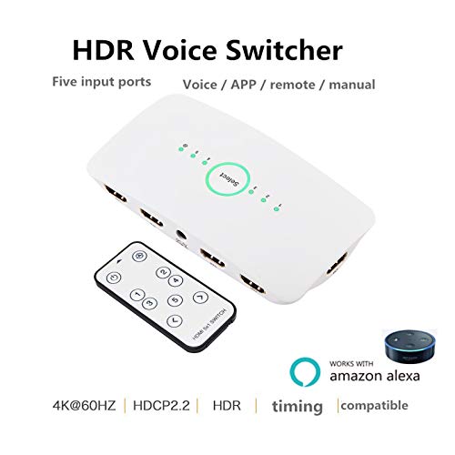 WiFi Smart Voice HDMI Switch 4K 5 Port 5x1 HDMI Switcher Splitter Box Support 4K@60HZ Ultra HD 3D Remote Control and Power Adapter for Amazon echo Compatible with Alexa, Wireless Cellphone APP Remote