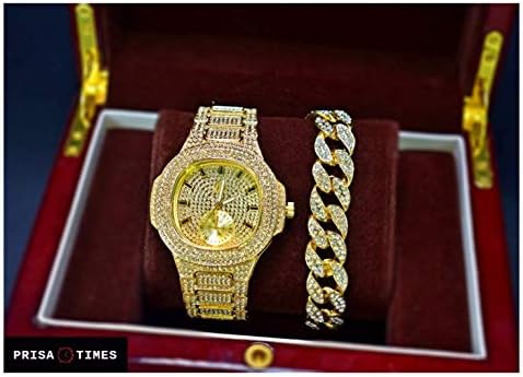 Men's Hip Hop Luxury Iced Out 14K Gold Plated Metal Band Rapper's Bling Watch and Miami Cuban Bracelet