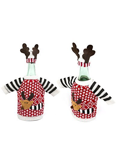 Christmas Wine Bottle Cover, Cute Deer Wine Bottle Ugly Sweater Covers with Black Beanie for Xmas Decoration Party by DomeXmas