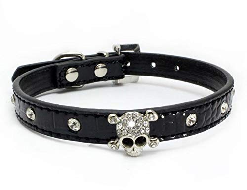 haoyueer Cute Dazzling Sparkling Elegant Fancy Skull Diamond Crystal Rhinestone Leather Small Pet Dog Cat Collar Puppy … (S, Black)