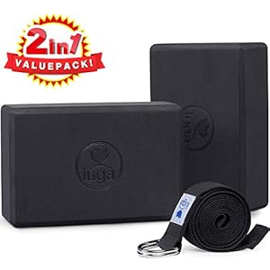 IUGA Yoga Block Set of 2 (9″x6″x3″) with Metal D-Ring Yoga Strap High Density Yoga Brick to Improve Strength Flexibility and Balance Light Weight and Non-slip Surface for Yoga & Pilates