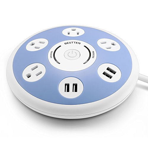 BESTTEN 4 Outlet USB Power Strip Surge Protector, 4 USB Charging Ports, 6-Foot Heavy Duty Extension Cord, UFO Round Shape Design, Ideal for Home and Office, ETL Certified, Blue & White