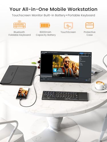 UPERFECT Monitor Touchscreen Portatile 15,6", Batteria 8000mAh, Touch Screen 10 Punti, Display FHD 1080P HDR, Tastiera Bluetooth Pieghevole e Custodia Protettiva per PC, Telefono, Switch, PS-4/5, Xbo