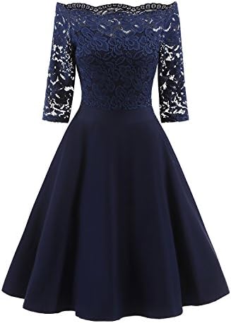 JUSOE Women's Vintage Lace Dress, Off Shoulder Semi Formal Cocktail Swing Midi Dress for Wedding Bridesmaid Prom, Navy Blue, L Size 10-12