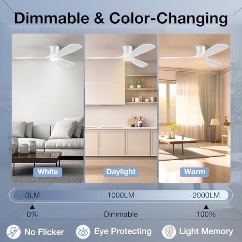 52” Smart Wood Ceiling Fans with Lights Remote,Low Profile Flush Mount Ceiling Fan with Alexa App Control,3 White Blades,Outdoor Indoor Use for Modern Bedroom Patio,Dimmable LED,6-speed,Quiet DC Motor