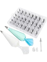 62 Pieces Cake Decorating Supplies Kit with 48 Pieces Professional Stainless Steel Cake Decoration tips, 2 Reusable Coupler, a Cleaning Brush, a Reusable silicone bag and 10 Disposable icing bags
