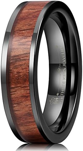 THREE KEYS JEWELRY 8MM 6MM Black Ceramic Wedding Ring with Antler Koa Wood Inlay Flat Wedding Band Ceramic Rings for Men Women