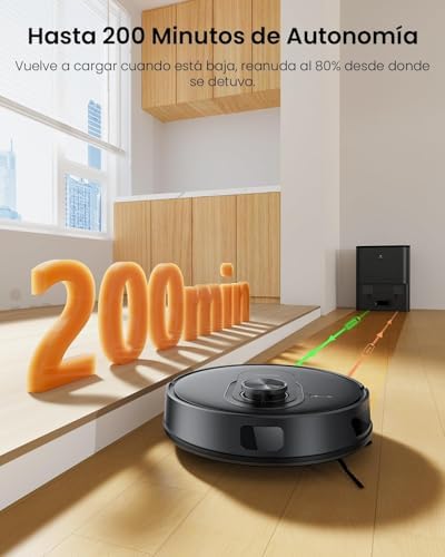 Q8 MAX+ Potente aspirador robótico e esfregão 8000Pa/200 min, com navegação LDS e auto-evasão de obstáculos, base auto-esvaziante 3L, por app/comando/voz, tapete/pelos de animais/pavimentos