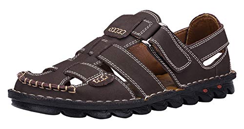 JIONS Closed Toe Leather Fisherman Mens Sandals, Outdoor Adjustable Summer Shoes A-2 Dark Brown 45/10.5 M US