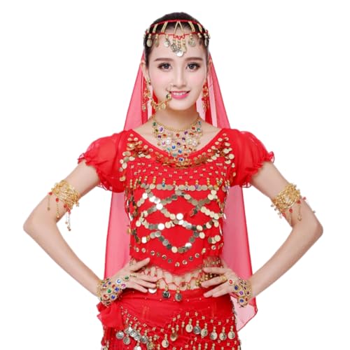 Women's Shiny Bead Belly Dance Top, Puff Sleeve Chiffon Sequin Dance Crop Top, Glitter Coins Tassels Blouses for Festival Clubbing Wear, Self-tie Back Tribal T Shirt for Belly Dance Performance Outfit