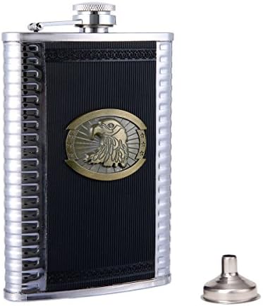 Taneaxon 9 oz Eagle Pattern Pocket Hip Flask with Funnel - Stainless Steel with Leather Wrapped Cover