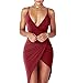YS.DAMAI Women's Sexy Deep V Neck Sleeveless Spaghetti Strap Bodycon Wrap Dress Front Slit Bandage Midi Club Dress(WineRed,M)