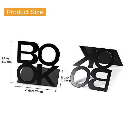 Metal Bookends, Nonskid Letter Pattern Book Ends for Shelves Office Decorative, Book Stopper for Books, DVD, Video Games, Maganize,Black 4.9 x 5.1 x 5.5inch, 2Pair/4Piece - Thumbnail 3
