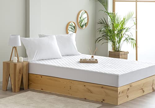 – Protector de colchón Acolchado antiácaros con Membrana Transpirable e Impermeable y Tratamiento Sanitario. (Cama 150 x 190/200 cm) Blanco