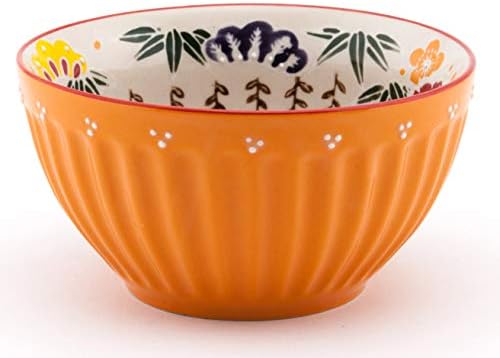 Mira Designs Earthenware Latte Bowls 25 fl oz Cereal Bowl Soup Salad Rice Pasta Floral Design 6 inch Diameter (Orange)