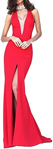 Veiai Mermaid Split Evening Dresses Deep V-Neck Prom Women Dress US8 Size Red
