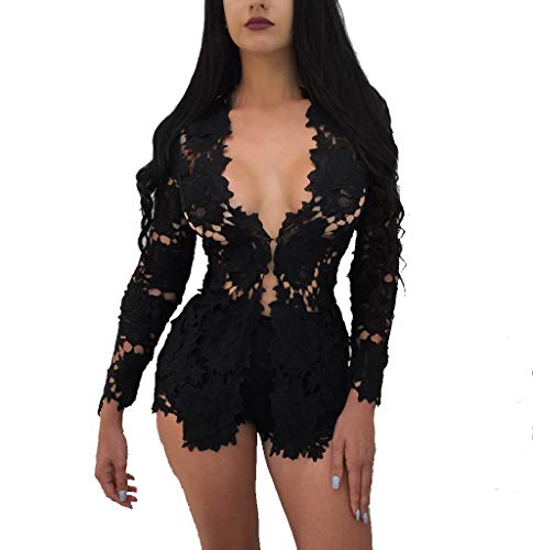 Women's Sexy Long Sleeve Two Pieces Outfits Floral Lace Blazer and Bodycon Shorts Pants Set Black