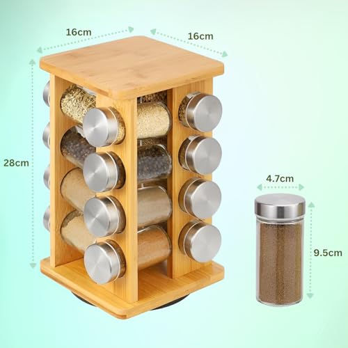 Porta Temperos de Bambu Giratório 16 Potes de Vidro Organizador Condimentos Especiarias Cozinha