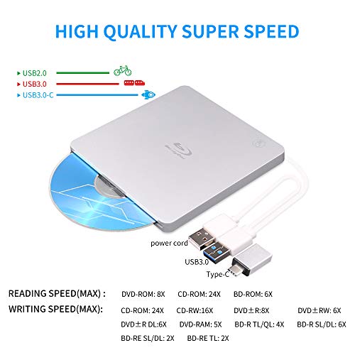 External USB Blu Ray Drive, USB3.0 and Type-c 3D Bluray BD CD DVD Drive Burner Slim Slot-in Optical Player RW for Laptop Desktop MacBook OS Linux Windows XP 7 8 10 PC iMac Laptop