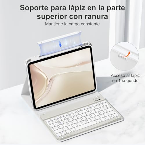 drivego Keyboard Case for iPad A16 11th Generation 2025/10th Gen 2022 (11/10.9 Inch), QWERTY Spanish Ñ, Anti-Drop Keys, Detachable Magnetic Bluetooth Keyboard with Pencil Holder, Light Gray