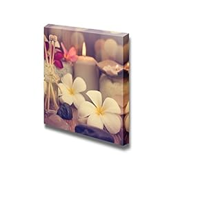 Wellness and Spa Concept with Candles Frangipani Flower Sandalwood and Rattan Sticks on Massage Table in Vintage Retro Style - Canvas Art Wall Art - 16" x 16"