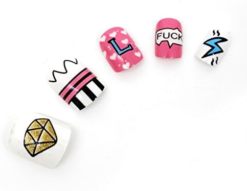 KeeNail Acrylic Fake Nails Short Pink Golden White Diamond Heart 12 Piece Set